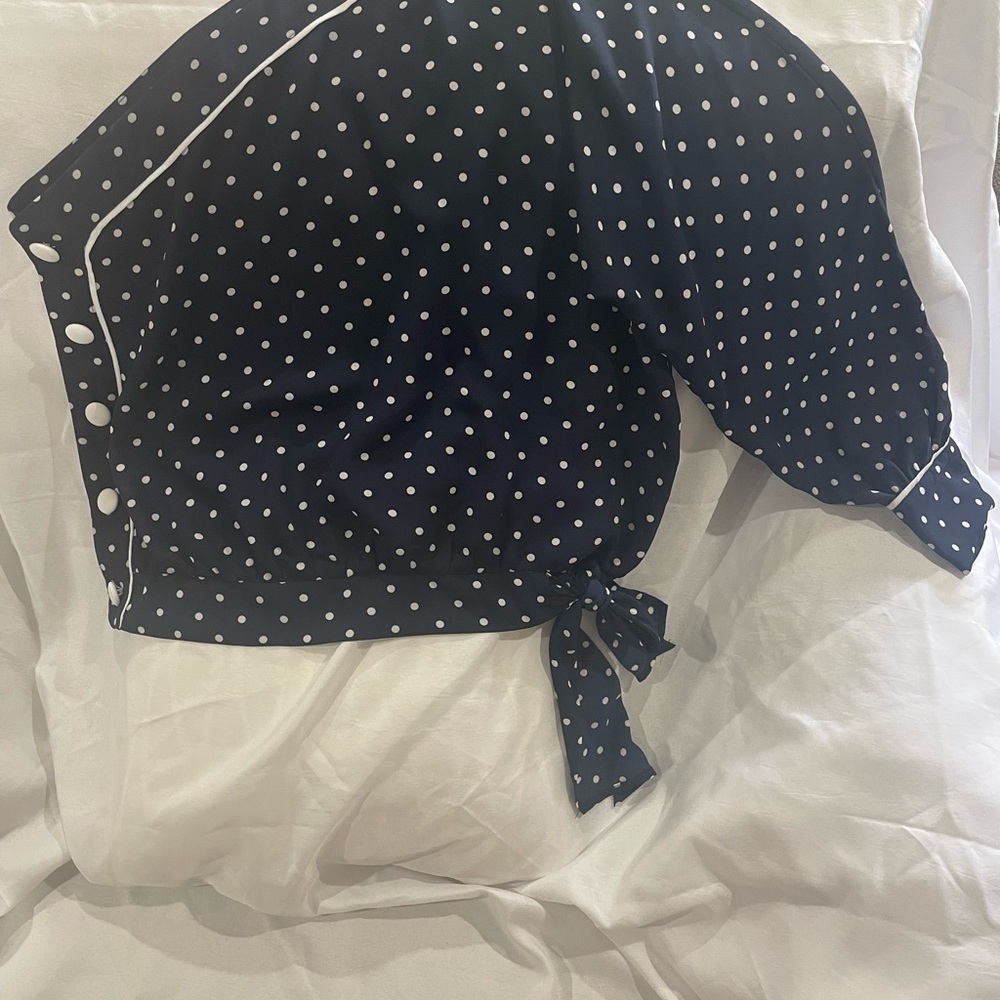 Navy Polka Dot Off-Shoulder Blouse